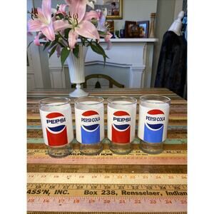 Vintage 70s Pepsi Drinking Glass 12 oz Footed Pedestal Tumbler Set 4 Retro LOT